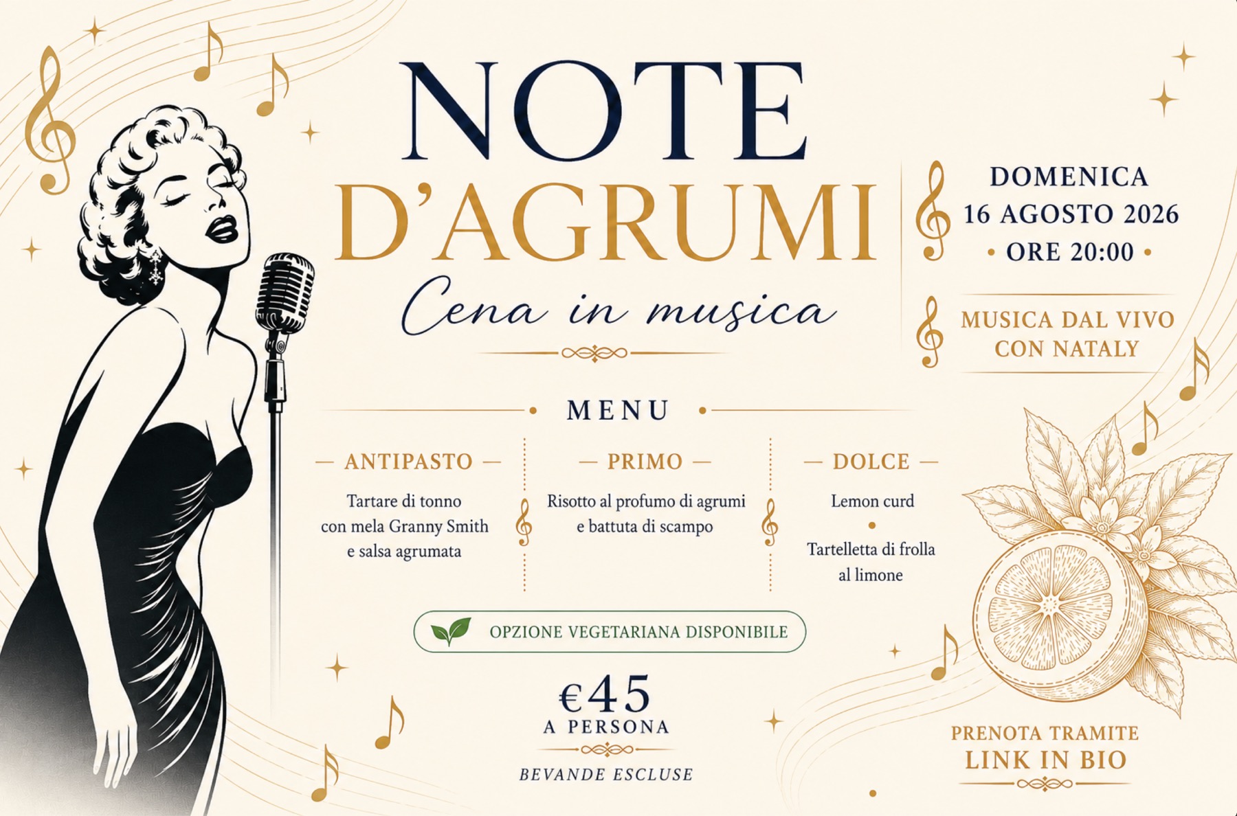 Note d'Agrumi, cena in musica, domenica 16 agosto 2026 ore 20